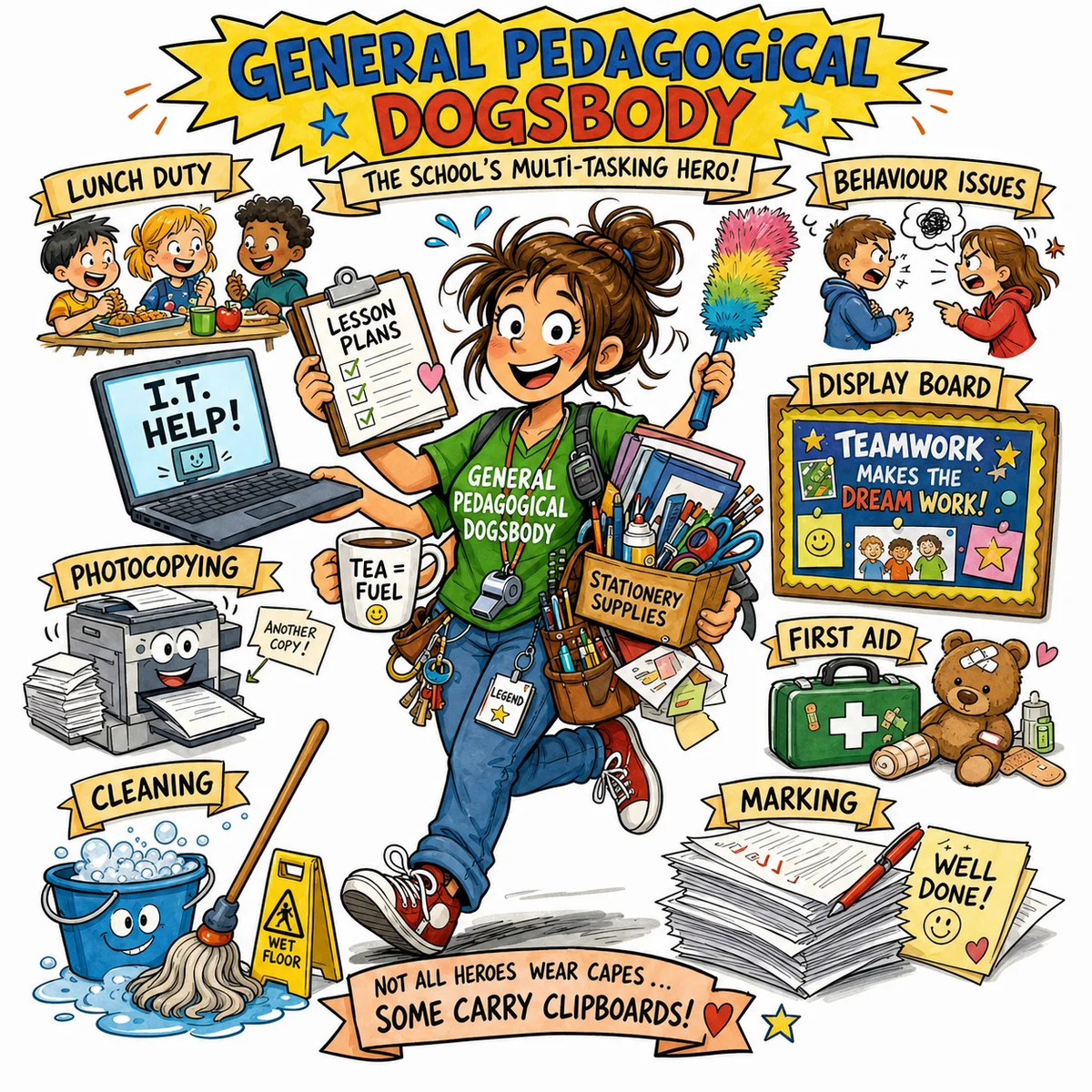 AI-generated comic illustration of a General Pedagogical Dogsbody